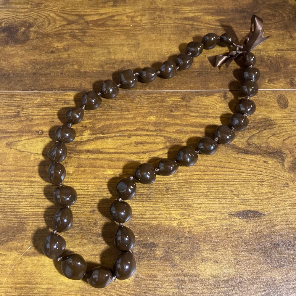 Hawaiian Kukui Nut Lei Necklace Polished Brown Tropical Luau Graduation